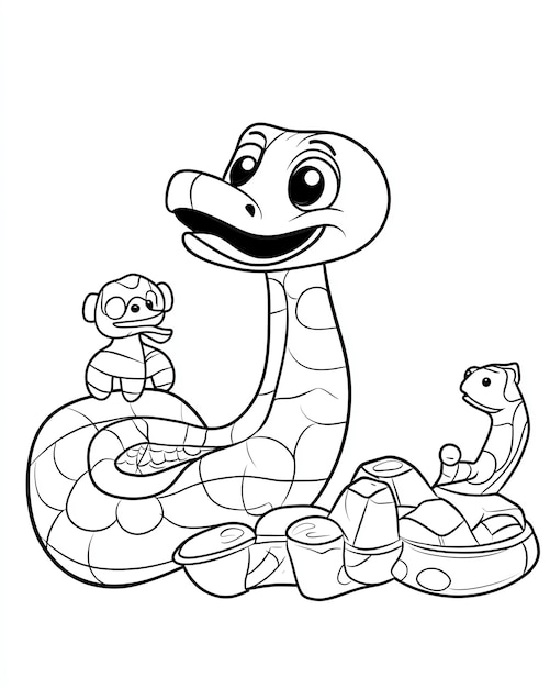 Cute Cartoon Snake Turtle and Monkey Coloring Page