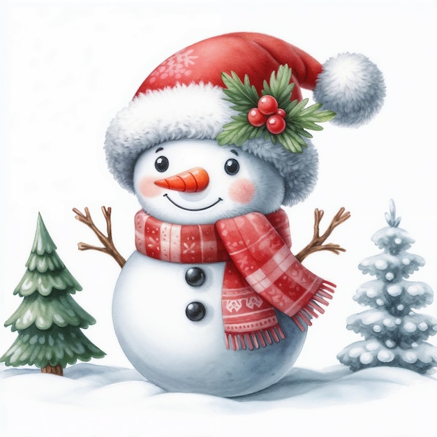 Cute cartoon snowman on white background AI