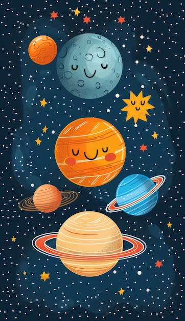 Cute cartoon solar system illustration with smiling planets stars and sun