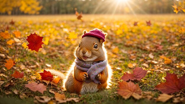 Cute cartoon squirrel in a clearing with autumn leaves