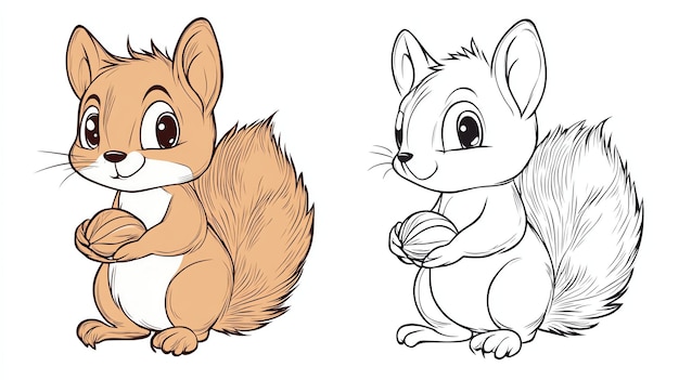 Photo a cute cartoon squirrel holding a nut with a coloring page version