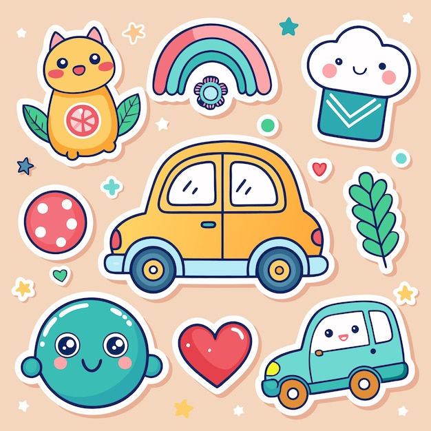 Photo cute cartoon stickers with cars cloud rainbow and heart