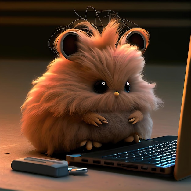 Cute cartoon style hamster working on computer laptop concept made with Generative AI