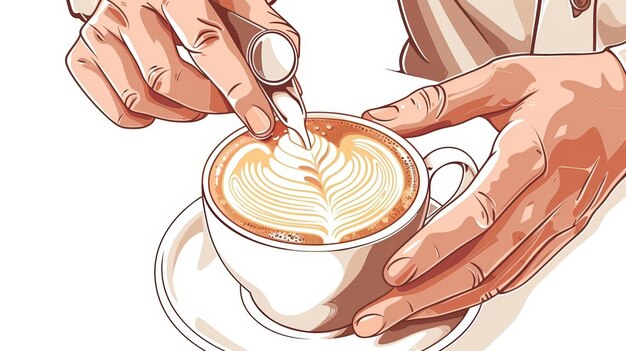 Photo a cute cartoon style ofa closeup of a barista making a latte with intricate art