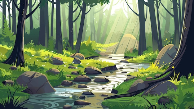 A cute cartoon Style ofA serene forest scene with a small creek mosscovered rocks and dappled sunlight