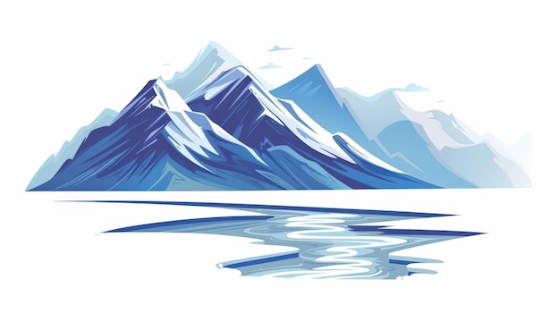 A cute cartoon Style ofA serene mountain landscape with snowcapped peaks and a winding river below