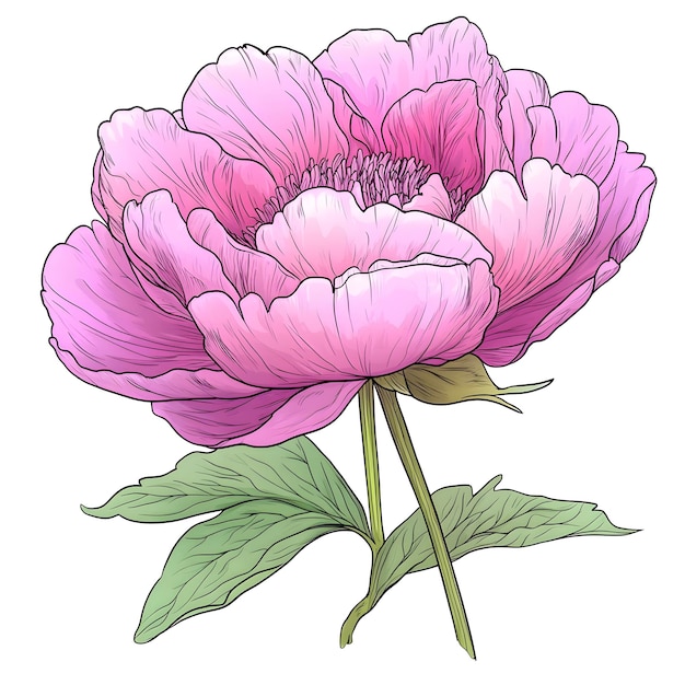 Cute Cartoon Style Peony Flower on Clean White Background