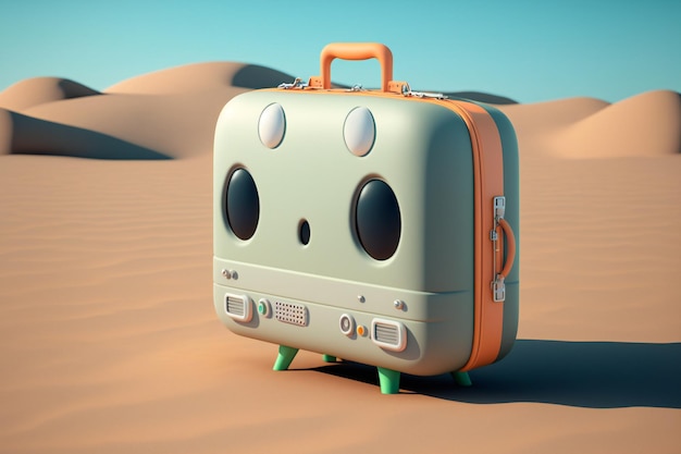 A cute cartoon suitcase stands on beach.