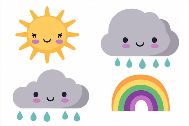 Photo cute cartoon sun clouds and rainbow illustration