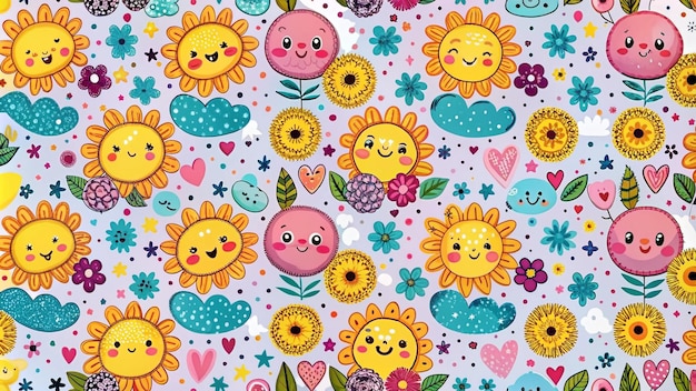 Cute cartoon sun and flower seamless pattern on a light purple background with hearts clouds and stars