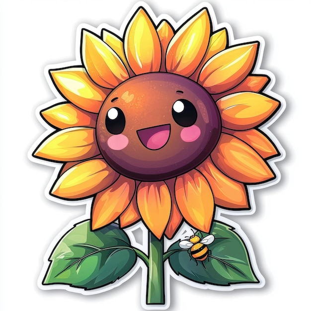 Photo cute cartoon sunflower with bee