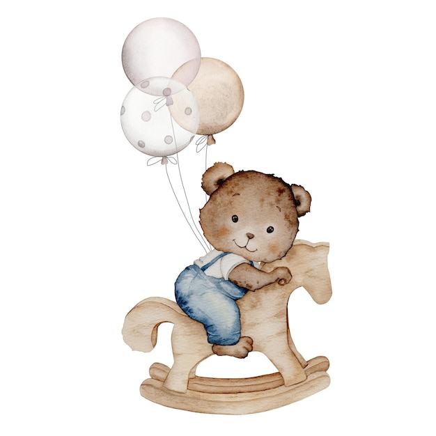 Cute cartoon teddy bear on a rocking horse with balloons Watercolor hand drawn illustration Can be used for kid posters or baby shower with white isolated background