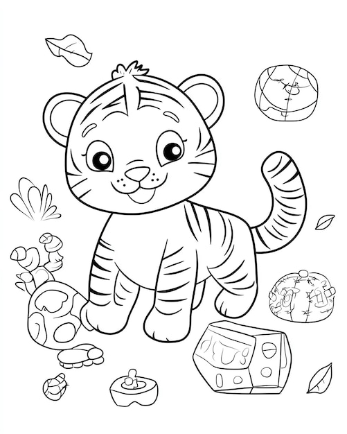 Cute Cartoon Tiger Coloring Page with Leaves and Shapes