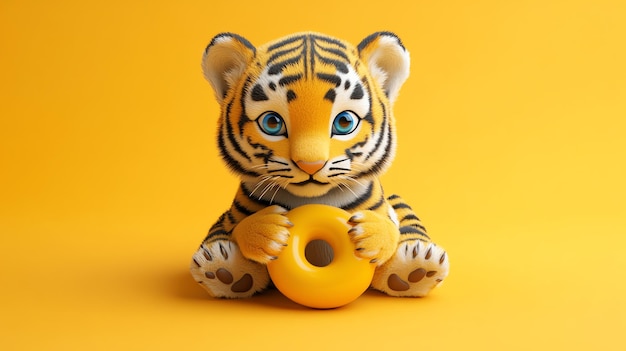 Photo a cute cartoon tiger cub holding a donut