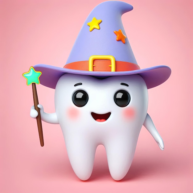 Photo cute cartoon tooth character wizard 3d