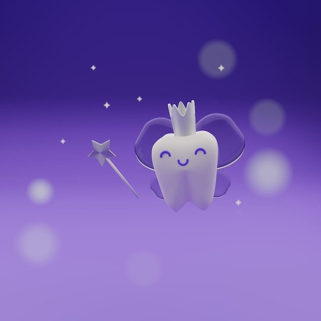 Cute cartoon tooth fairy character 3d render illustration first tooth loss concept