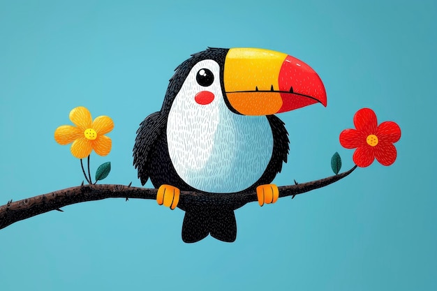 Cute Cartoon Toucan Sitting on a Branch