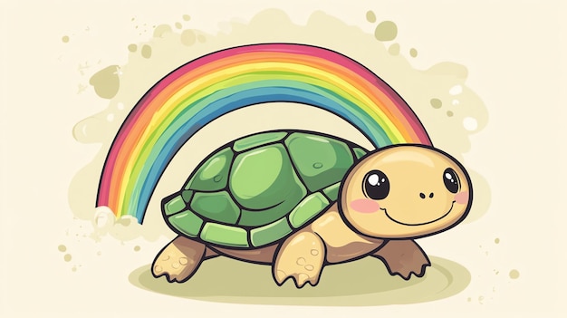 Photo a cute cartoon turtle under a rainbow