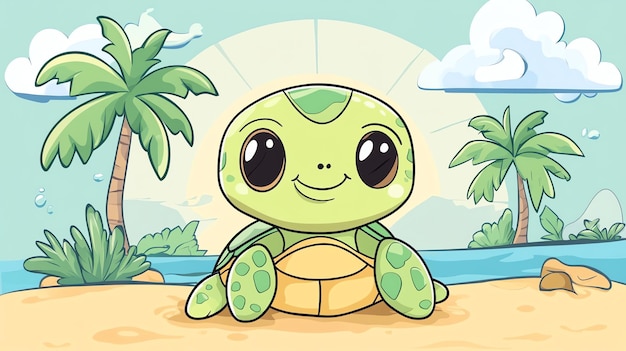 Photo a cute cartoon turtle sitting on a beach with palm trees