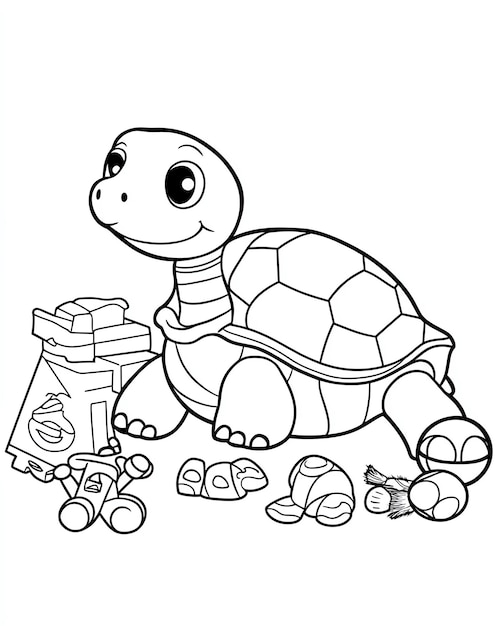 Cute Cartoon Turtle with Shell Eggs and Nest Coloring Page Illustration