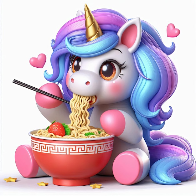 Cute cartoon unicorn eating noodles 3d