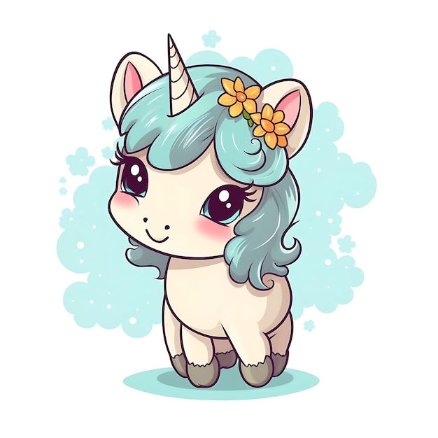 Photo cute cartoon unicorn with blue hair and flowers