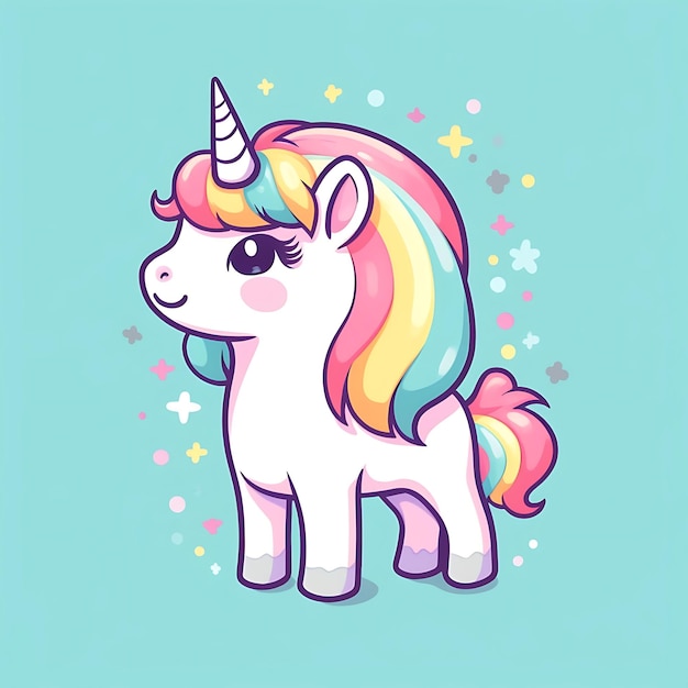 Photo cute cartoon unicorn with rainbow mane standing on blue background