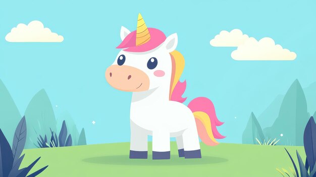 Photo a cute cartoon unicorn with a vibrant mane stands cheerfully in a sunny meadow