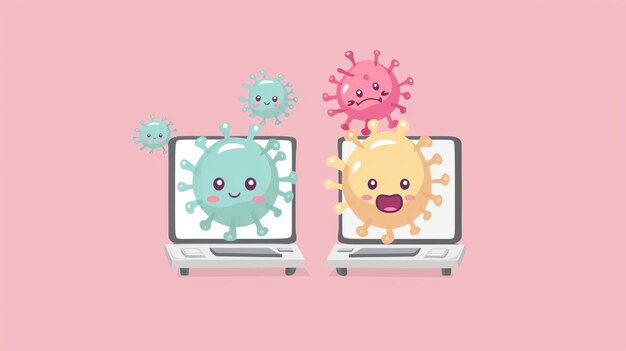 Photo cute cartoon virus characters on laptops