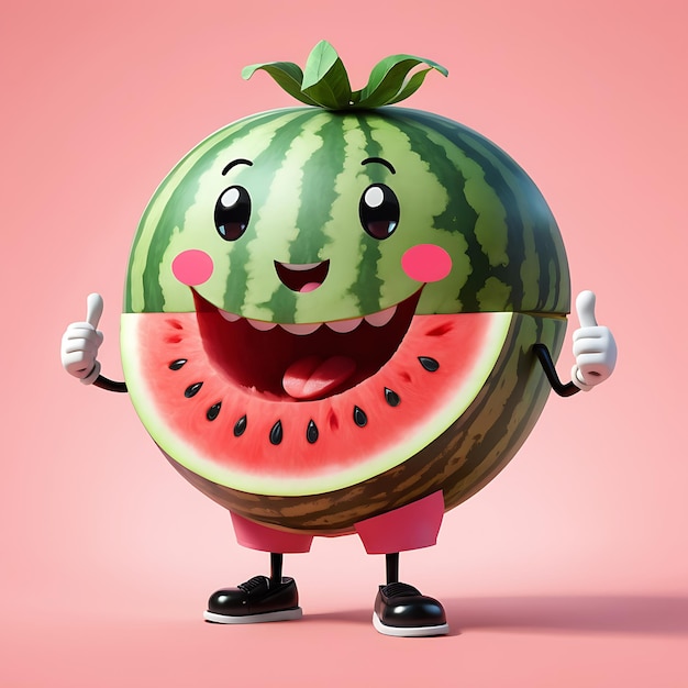 Photo cute cartoon watermelon character giving a thumbs up fun vector mascot design