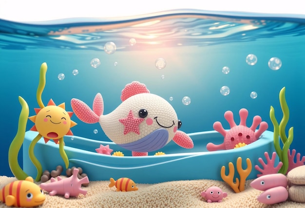 Photo a cute cartoon whale swims in a blue pool with sea creatures and a sun on a sandy beach