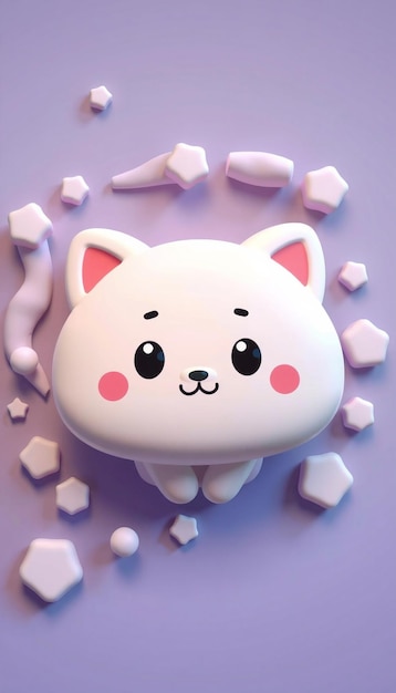 Photo cute cartoon white cat with pink ears and cheeks on a purple background surrounded by white stars