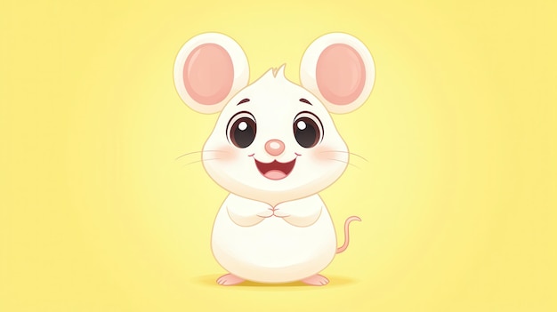 Cute Cartoon White Mouse Character on Yellow Background