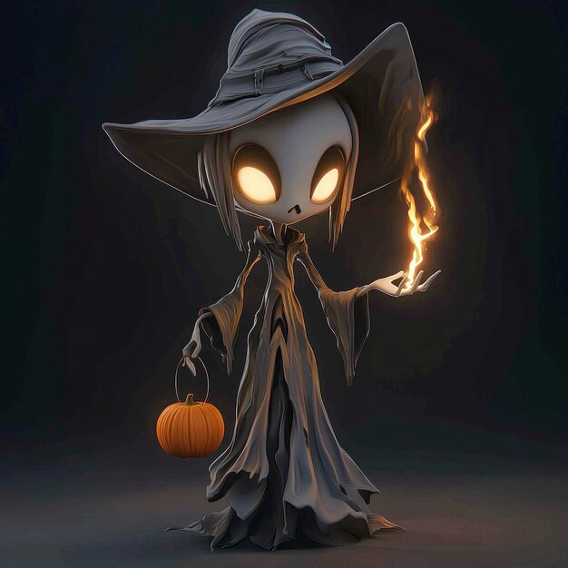 Photo cute cartoon witch holding a pumpkin and fire