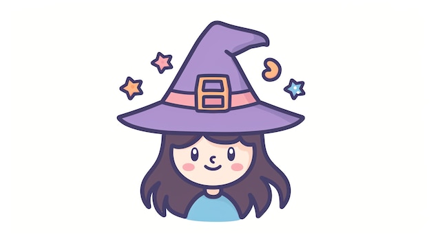 Cute cartoon witch with a purple hat and stars around her