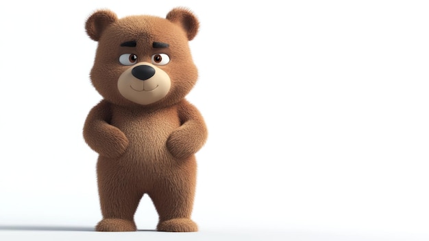 A cute cartoonish brown bear character with a friendly expression standing upright