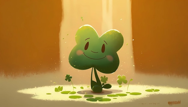 A cute cartoonish clover with a happy face digital art illustration generative AI