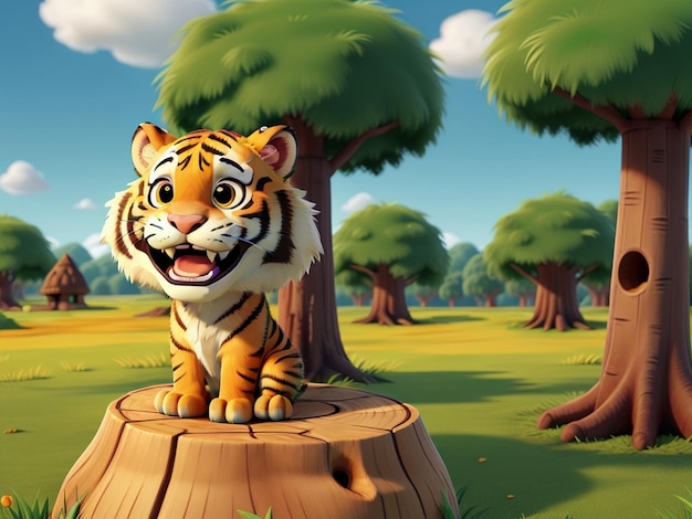 Photo a cute cartoonstyle baby tiger sitting on a tree stump with large expressive eyes and a playful