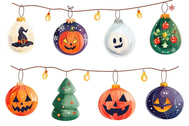 Photo cute cartoonstyle halloweenthemed christmas ornaments with lights featuring playful and festive