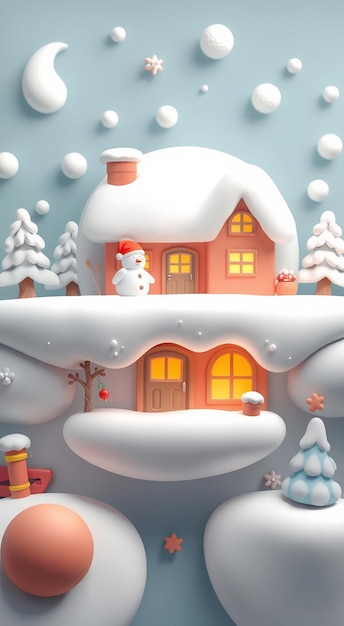 A cute cartoonstyle house with a snowman sitting on the roof surrounded by a snowy landscape