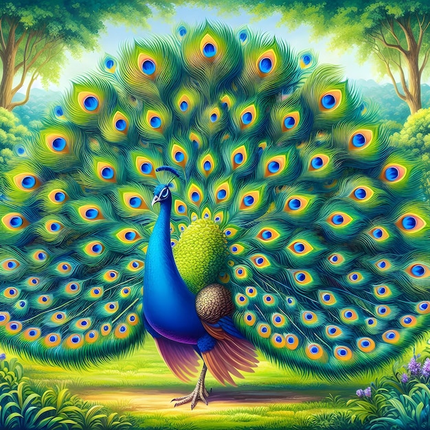 Cute cartoony peacock in nature1