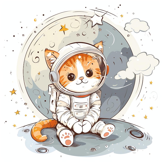 cute cat in an astronaut suit walking on the moon surrounded by stars illustration for