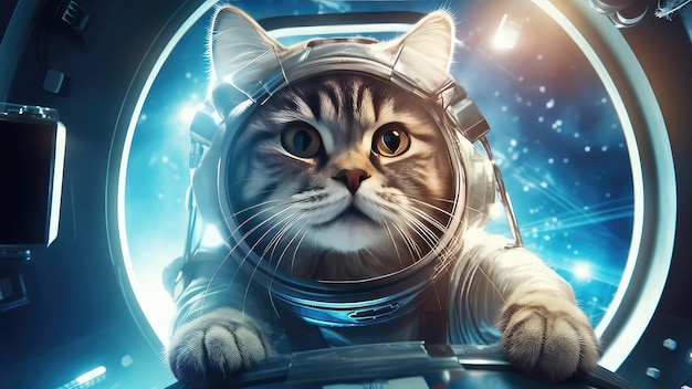 Cute cat austronaut in the space ship