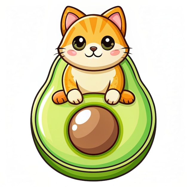 Photo cute cat on avocado fruit cartoon vector icon illustration animal food icon concept isolated premium vector flat cartoon style