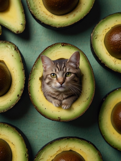 Photo a cute cat in an avocado