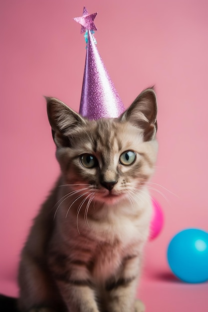 Cute cat in a birthday hat sits on the background in the studio space for text birthday party image generated by AI