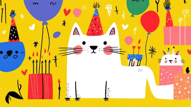 Photo cute cat birthday party illustration with candles balloons and stars