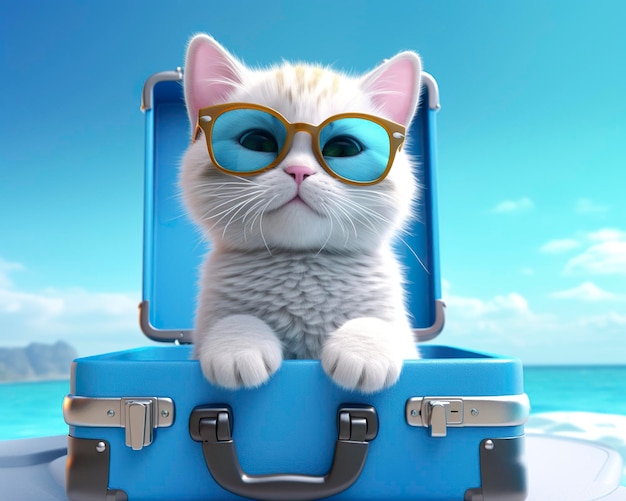 Cute cat on blue suitcase with sunglasses AI Generative