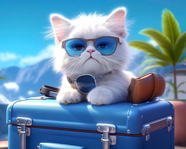 Cute cat on blue suitcase with sunglasses AI Generative