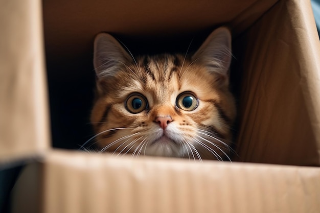 Cute Cat in Cardboard Box Closeup HyperRealistic